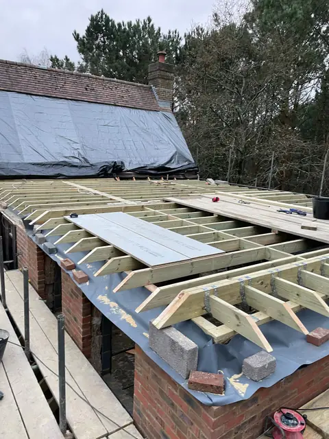 Ceiling joists and rafter feet along the top of the new brick walls, beside the sheeted existing roof