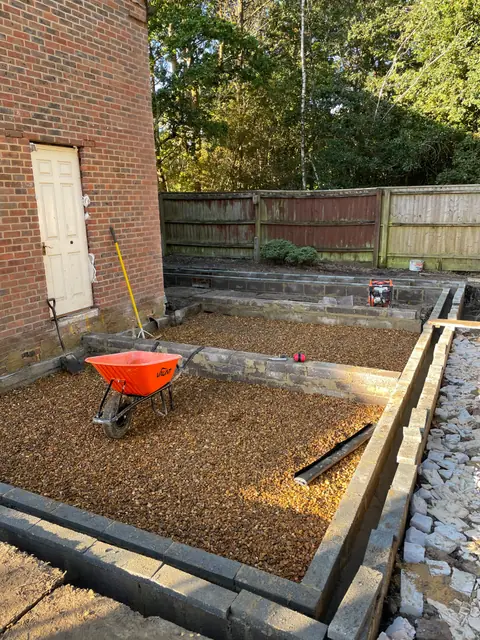 Footings complete and the floor area filled with gravel hardcore, ready for the floor