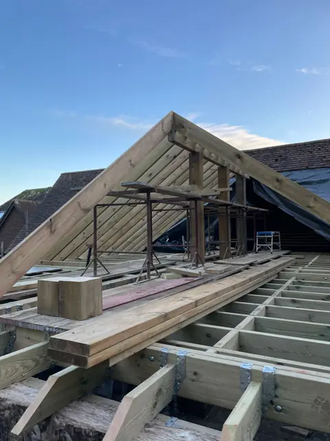 The new roof frame and its ridge, seen from the first floor deck