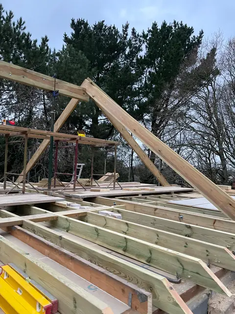 The first rafters going up for the extension roof