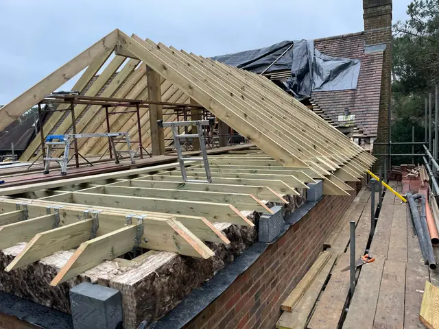 Rafters and ceiling joists of the new roof, with insulation along the wall plate